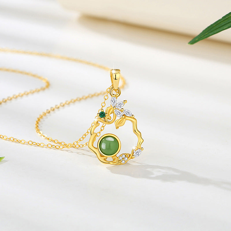 Flower Sterling Silver 925 Hetian Jasper Necklace Women's National Fashion Palace Style Butterfly Zircon Clavicle Chain Ins Petal Pendant