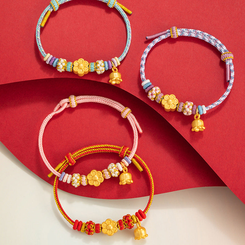 Peach Blossom Pure Silver 999 Bracelet Female New Chinese National Fashion Orchid Woven Bracelet Ins Style Peach Blossom Bracelet