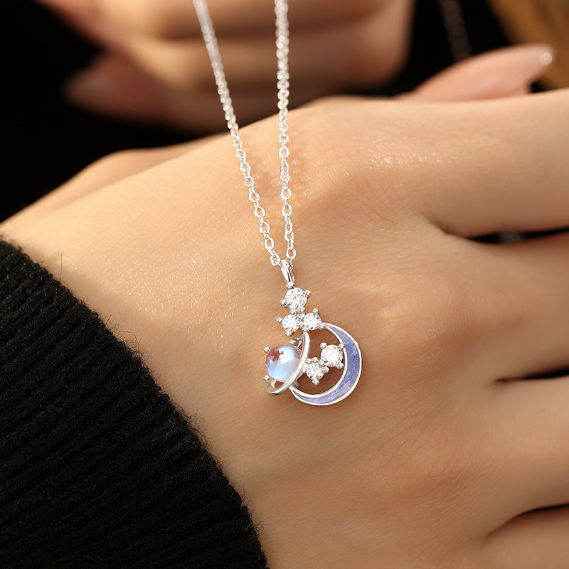 Luminous Enamel Craft S925 Sterling Silver Star Moon Necklace Female Moonstone White Agate Pendant Clavicle Chain Silver Jewelry Wholesale