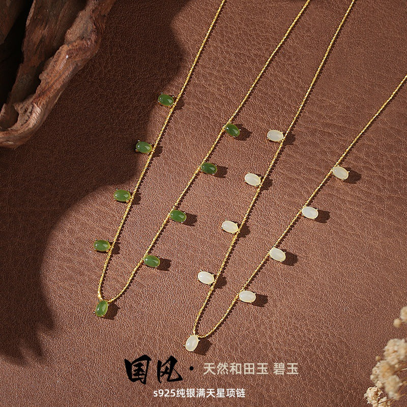 National Style Starry Sky Hetian Jade Clavicle Chain S925 Sterling Silver Necklace Female Gentle Temperament All-Match Girl Jewelry