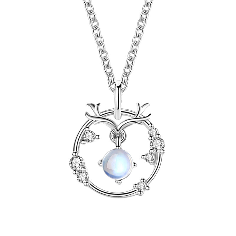 Mori Antler Necklace Ring Moonstone Pendant Niche S925 Silver Jewelry One Deer Accompanied Valentine's Day Gift Wholesale