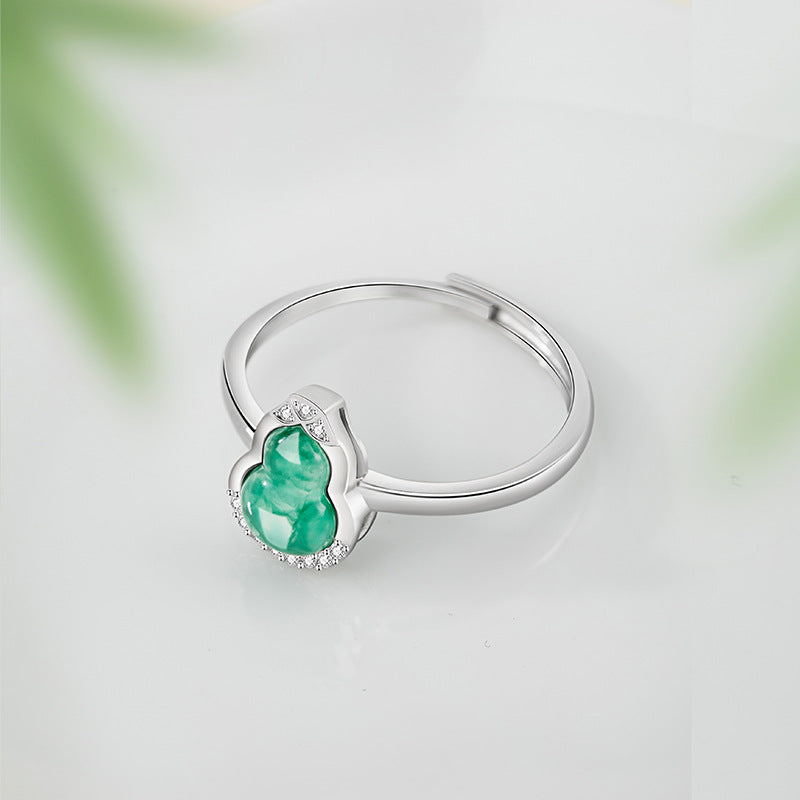 Fu Lu Double Full Sterling Silver 925 Ring Female New Chinese National Fashion Natural African Emerald Ring Ins Style Gourd Ring