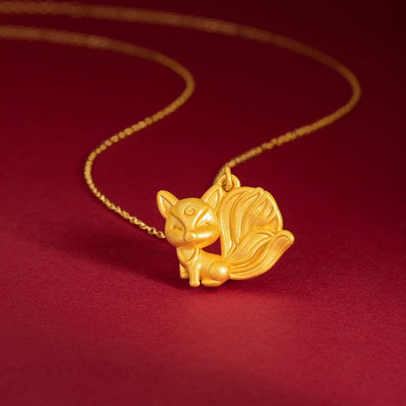 Fox Pure Silver 999 Necklace Female Niche Design Light Luxury Style Nine Tail Fox Clavicle Chain Ins Style Fox Fairy Pendant