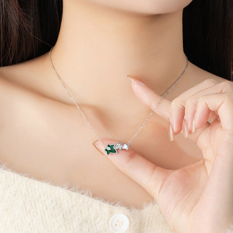 Maple Leaf Sterling Silver 925 Necklace Women's Fashion All-Match Flower Zircon Clavicle Chain Ins Peacock Ginkgo Leaf Pendant