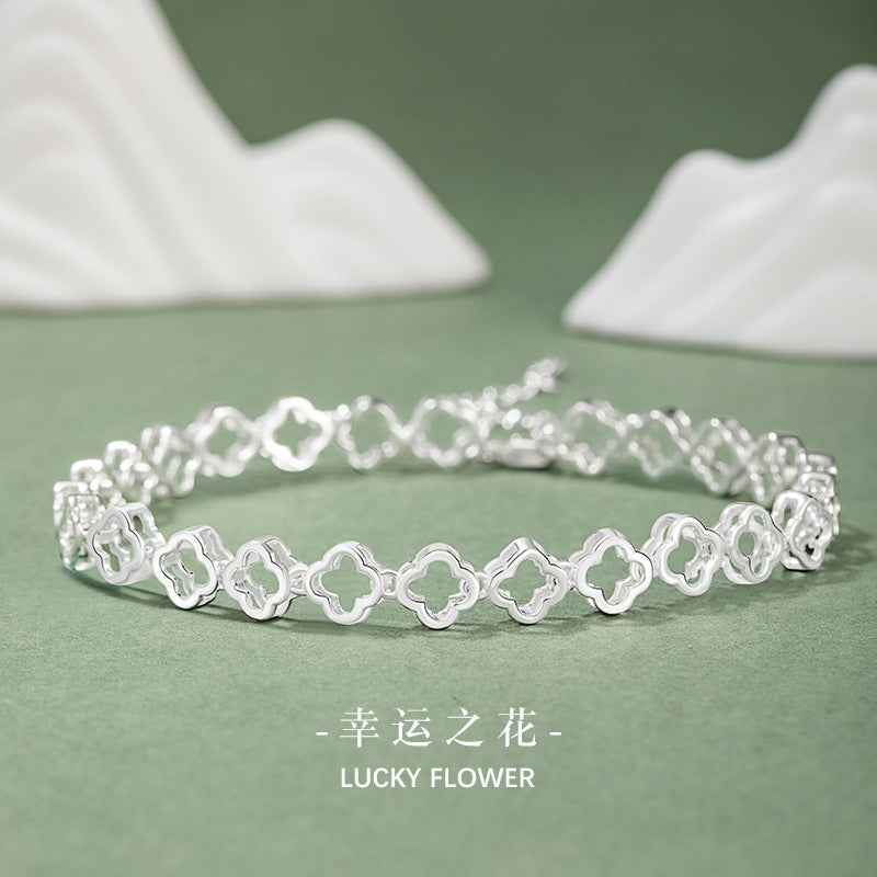 Lucky Clover Pure Silver 999 Bracelet New Chinese National Fashion Flower Bracelet Ins Style Light Luxury Peach Blossom Bracelet