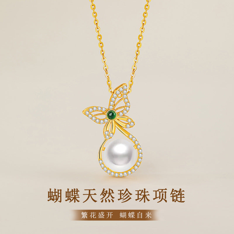 Butterfly Sterling Silver 925 Necklace Women's Light Luxury High-Grade Natural Freshwater Pearl Clavicle Chain Ins Style Chalcedony Pendant