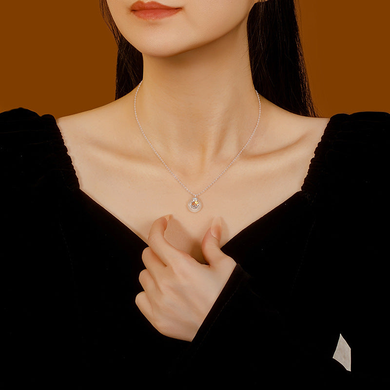 Princess and Knight Couple's S925 Sterling Silver Necklace Bracelet Set Black and White Agate Safety Buckle Silver Jewelry Gift for Women