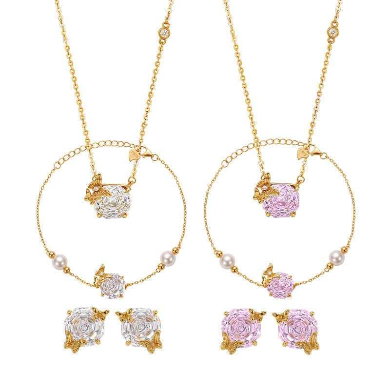S925 Sterling Silver Necklace Bracelet Earrings High-Grade Spherical Rose Cut Pink Zirconium Pearl French Butterfly Jewelry Set
