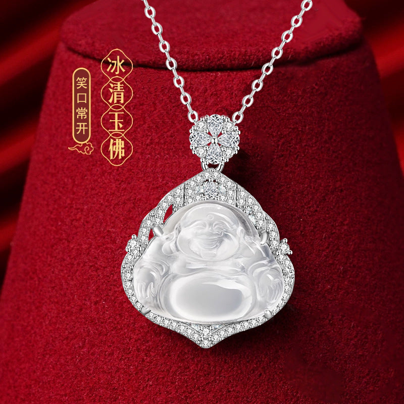 Maitreya Sterling Silver 925 Necklace Women's New Chinese National Fashion Natural Water Foam Jade Clavicle Chain Ins Style Buddha Pendant