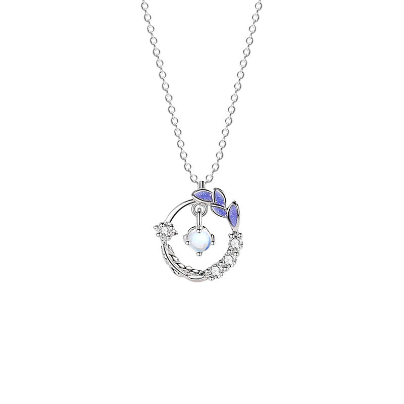 Feather Sterling Silver 925 Necklace Female Niche Design Light Luxury Zircon Clavicle Chain Ins Style Fantasy Glass Stone Pendant