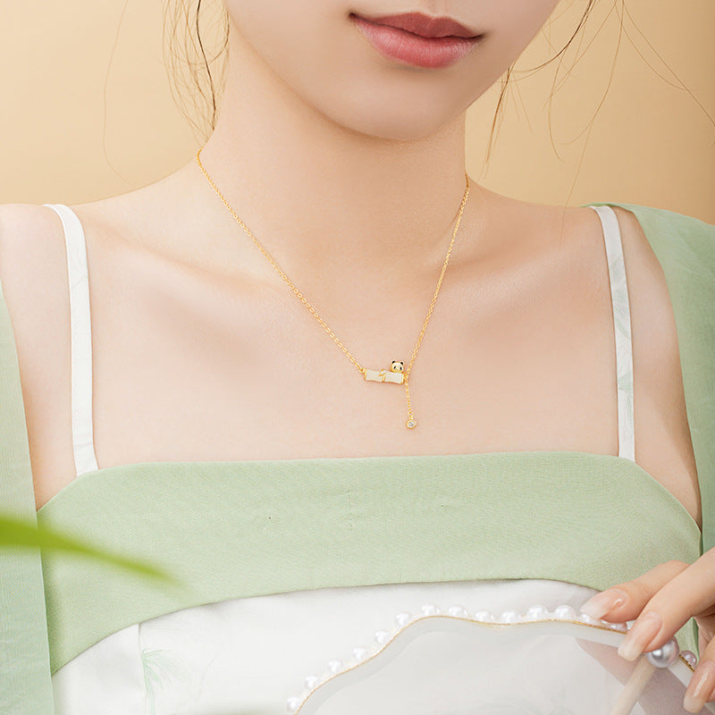 Panda Sterling Silver 925 Hetian Jade Necklace Women's New Chinese Style National Fashion Bamboo Clavicle Chain Ins Style High-Rise Pendant