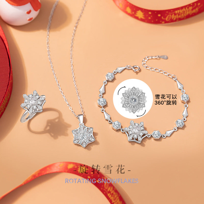 Snowflake Sterling Silver 925 Rotating Bracelet Women's Light Luxury High-Grade Christmas Zircon Bracelet Ins Style Star Bracelet