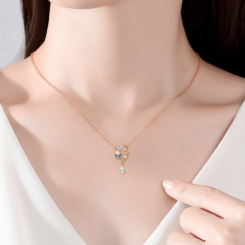 Butterfly Sterling Silver 925 Necklace Female Niche Design Light Luxury Zircon Tassel Clavicle Chain Ins Style Flower Pendant