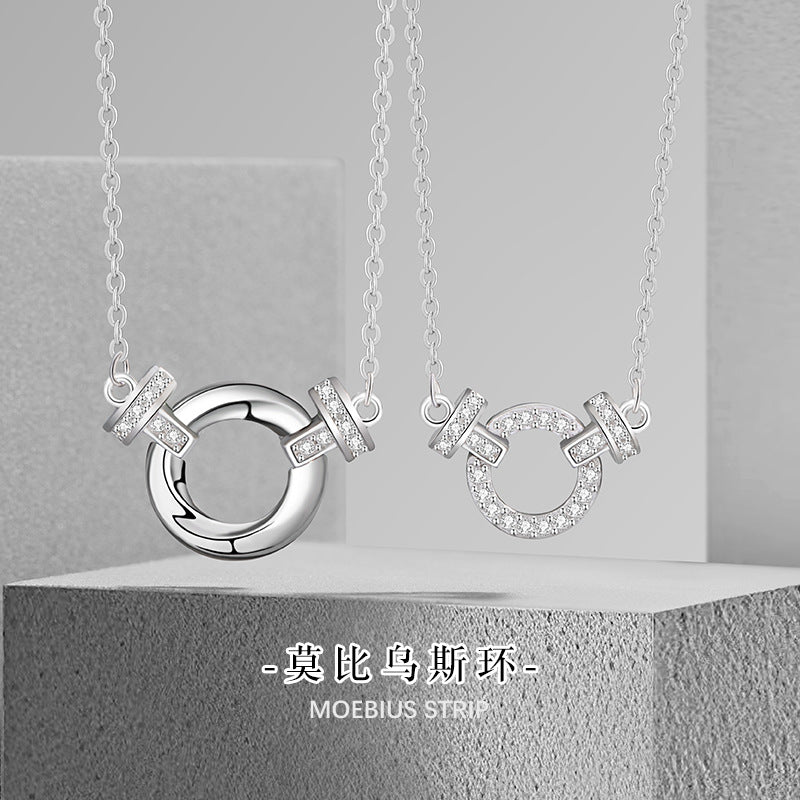 Mobius Sterling Silver 925 Couple Necklace Light Luxury High-Grade Horseshoe Buckle Zircon Clavicle Chain Ins Double Ring Pendant