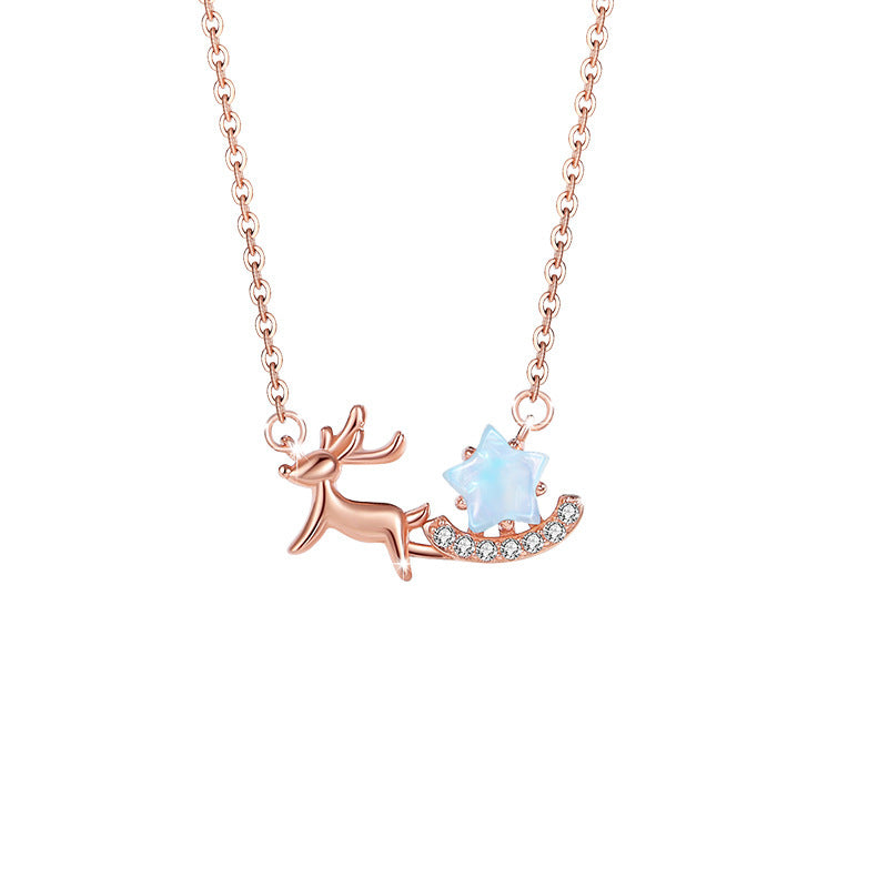 Christmas Elk Sterling Silver 925 Necklace Women's Fashion All-Match Glass Stone Star Clavicle Chain One Deer Has Your Pendant