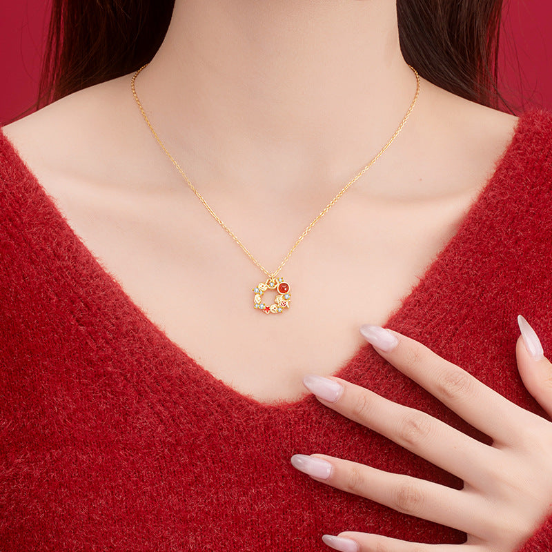 Immediately Rich Flower Sterling Silver 925 Necklace Female New Chinese Red Agate Lucky Clavicle Chain Zodiac Pendant
