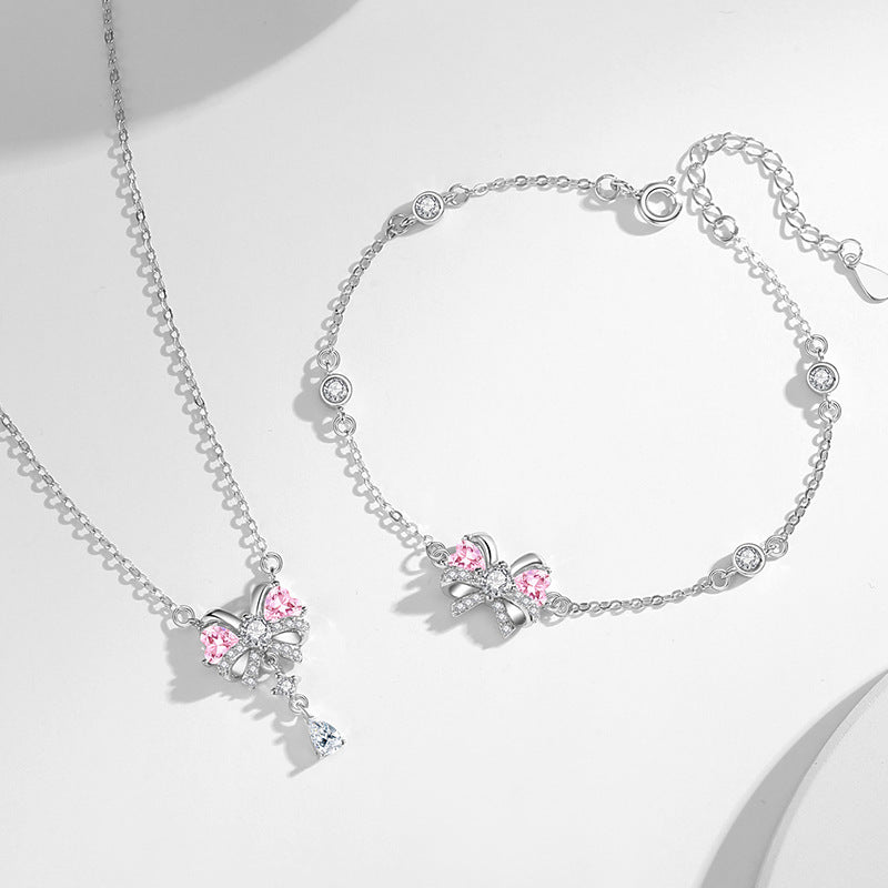 Bow Sterling Silver 925 Necklace Female Niche Design Light Luxury Tassel Zircon Clavicle Chain Love Pink Diamond Pendant