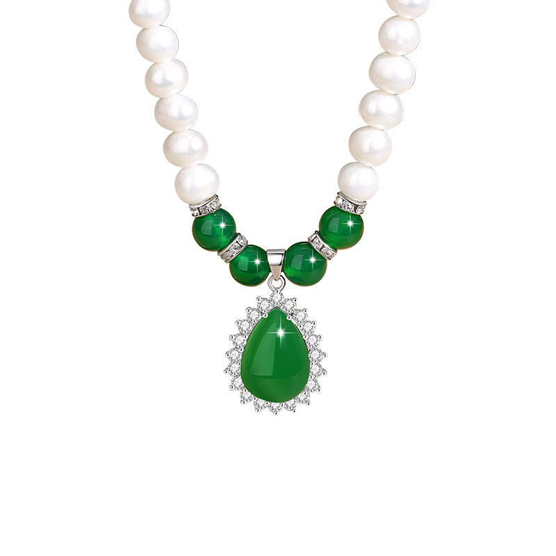 Natural Freshwater Pearl Alloy Necklace Women's Fashion All-Match Clavicle Chain Gift for Mother's Day Green Agate Pendant