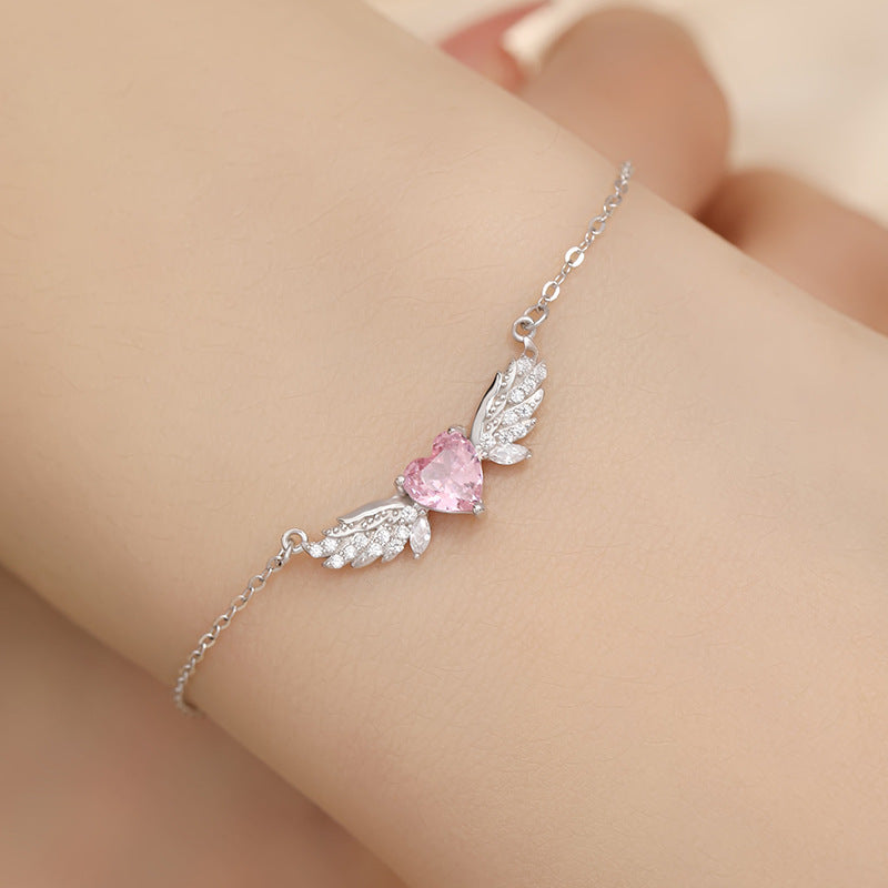 Angel Wings Sterling Silver 925 Bracelet Female Niche Design Light Luxury Zircon Clavicle Chain Valentine's Day Love Bracelet
