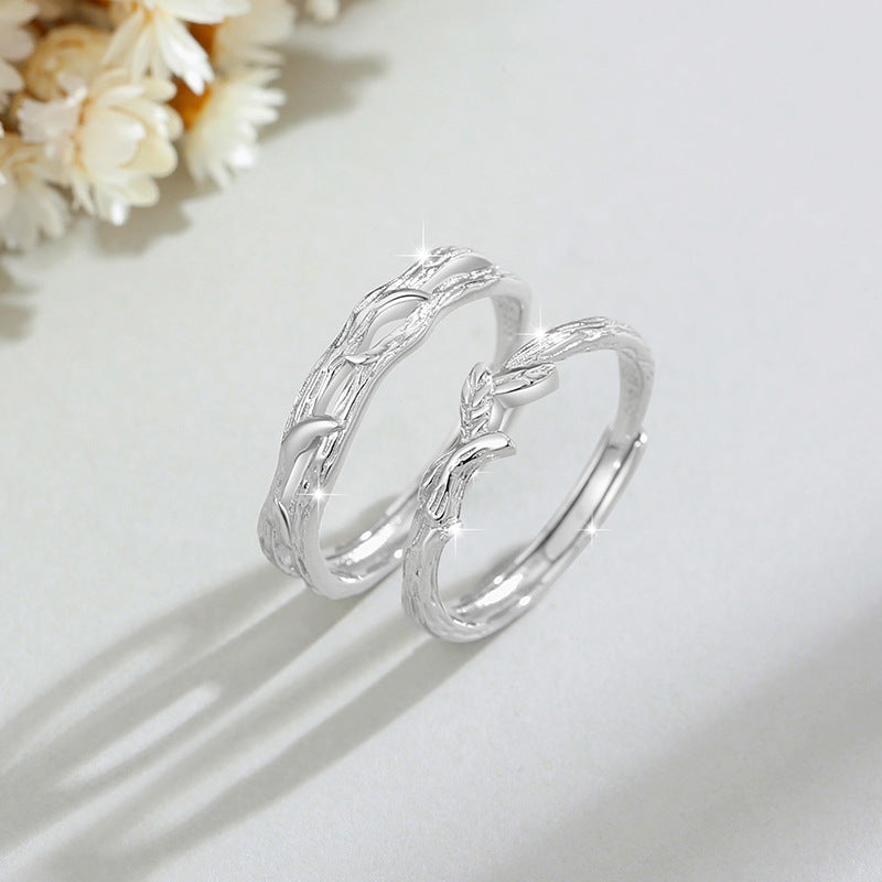 Lianli Branch 999 Pure Silver Couple Ring Men and Women Niche Design Light Luxury Zircon Ring Ins Wind Branch Ring