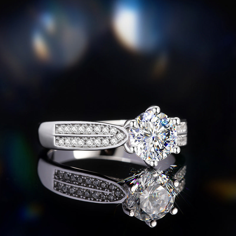 Sterling Silver S925 Diamond Ring Women's Light Luxury Fashion Moissanite Ring 1 Karat-Row Diamond Six-Claw Cross-Border Wedding Ring
