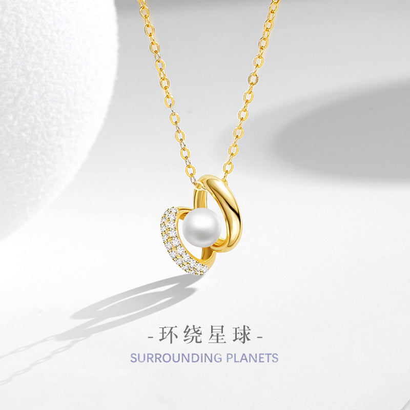 Ring Buckle Sterling Silver 925 Necklace Female Niche Design Light Luxury Pearl Clavicle Chain Ins Surrounding Planet Pendant