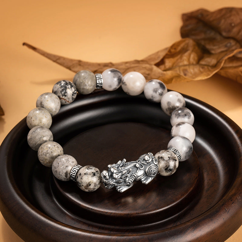 Pure Silver 999 Bracelet New Chinese National Fashion Geographical Stone Six Words Proverb Bracelet High-Grade Persian Stone Bracelet