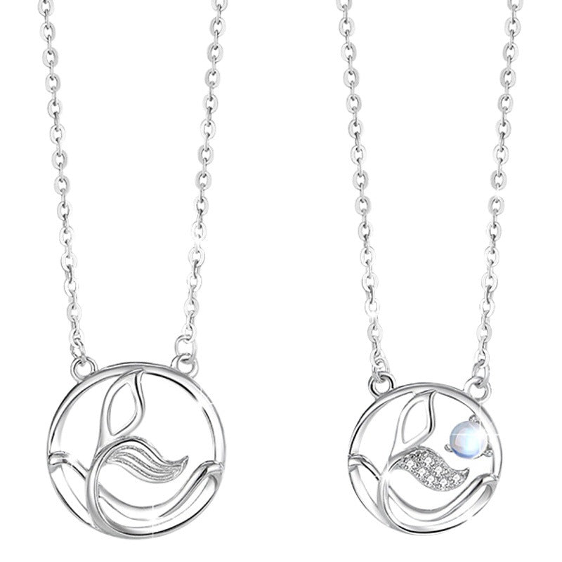 Whale Has You Sterling Silver 925 Couple Necklace Men and Women Fashion All-Match Glass Stone Clavicle Chain Whale Tail Pendant