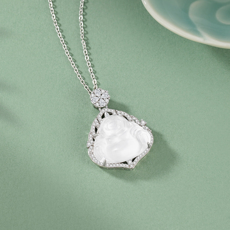 Maitreya Sterling Silver 925 Necklace Women's New Chinese National Fashion Natural Water Foam Jade Clavicle Chain Ins Style Buddha Pendant