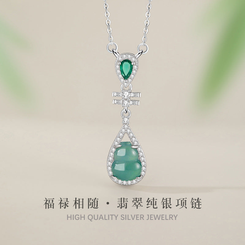 Gourd Sterling Silver 925 Necklace Women's New Chinese Style Natural Dangerous Material Blue Water Jade Clavicle Chain Ins Fu Lu Double Full Pendant