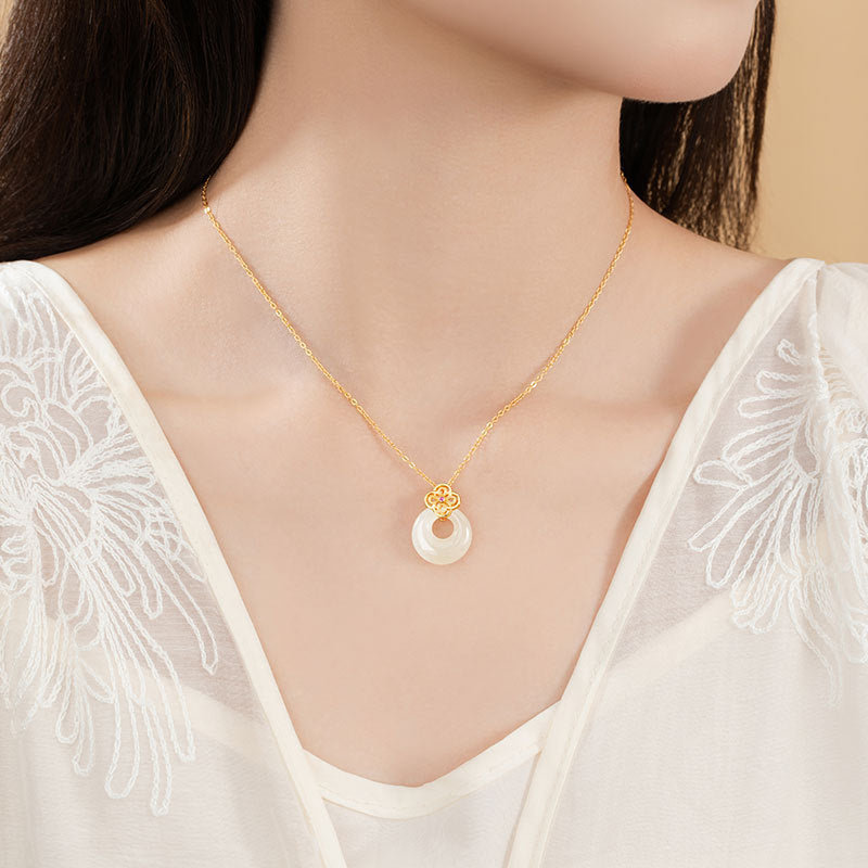 Lucky Clover Sterling Silver 925 Necklace Women's New Chinese National Fashion Hetian Jade Flower Clavicle Chain Safety Buckle Pendant