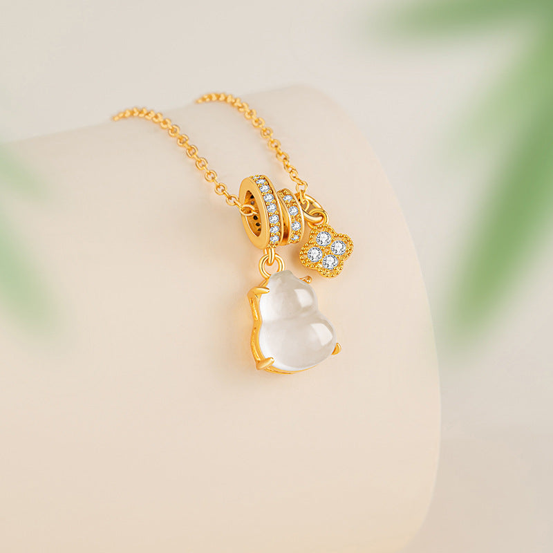 Lucky Clover Sterling Silver 925 Necklace Women's New Chinese National Fashion Natural Water Foam Jade Clavicle Chain Ins Gourd Pendant
