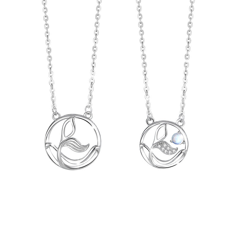 Whale Has You Sterling Silver 925 Couple Necklace Men and Women Fashion All-Match Glass Stone Clavicle Chain Whale Tail Pendant