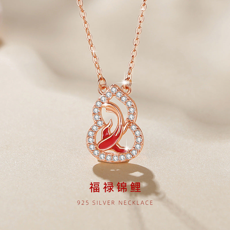 Fu Lu Double Full Sterling Silver 925 Necklace Women's National Fashion Court Style Gourd Zircon Clavicle Chain Lucky Koi Fish Pendant