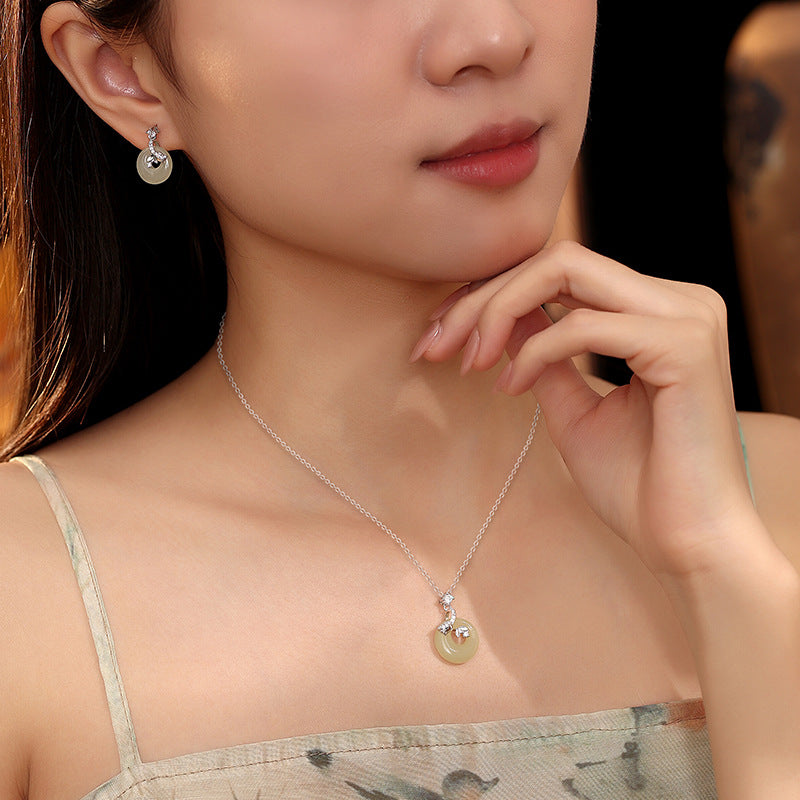 National Style Hetian Jade Princess Buckle S925 Sterling Silver Necklace Earrings Light Luxury Niche High-Grade Retro New Chinese Style Suit