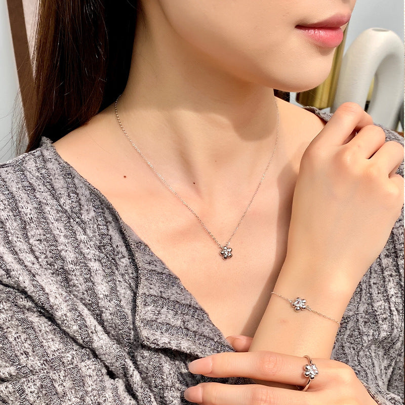 S925 Sterling Silver Five-Petal Flower Diamond Jewelry Set All-Match Flower Stud Earrings Necklace Bracelet Ring Valentine's Day Gift