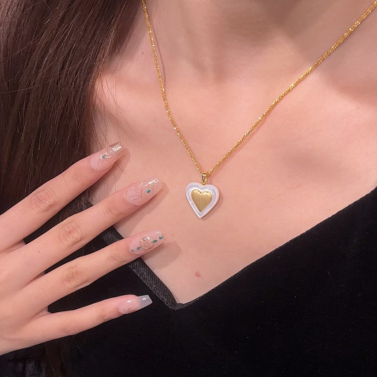 Heart White Fritillary Sterling Silver 925 Necklace Vintage Handmade Brushed Clavicle Chain Ins Style Light Luxury High-Grade Pendant