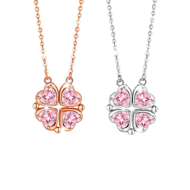 Heart-Shaped Magnetic Sterling Silver 925 Necklace for Women, Two-Strap Zircon Clavicle Chain, INS Lucky Clover Pendant