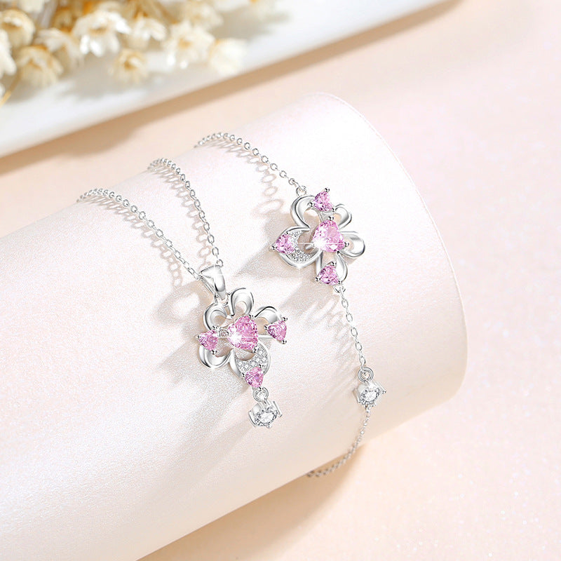 Flower Sterling Silver 925 Bracelet Women's Fashion All-Match Pink Zircon Bracelet, INS Style Lovely Floral Bracelet