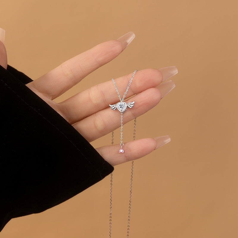 New Angel Wings S925 Sterling Silver Necklace Female UV Color-Changing Heart Stone Clavicle Chain Sweet Girl All-Match Jewelry