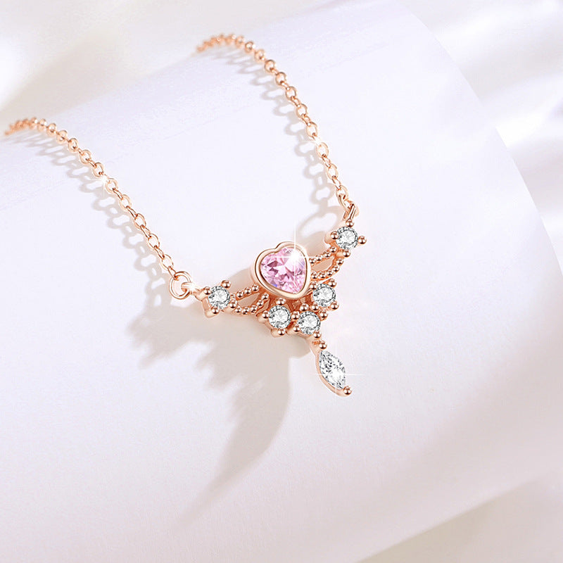 Lovely Sterling Silver 925 Necklace Female Niche Design Light Luxury Pink Diamond Clavicle Chain Get Things Ins Angel Wing Pendant