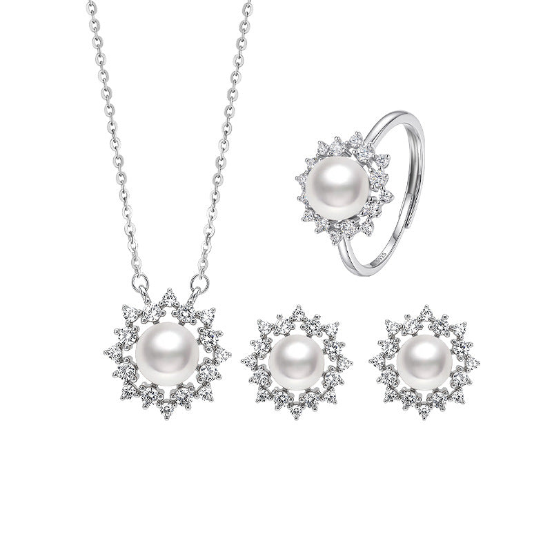 Freshwater Pearl S925 Sterling Silver Necklace Earrings Ring Set Bread Beads Sunflower Zircon Inlaid Light Luxury Gift