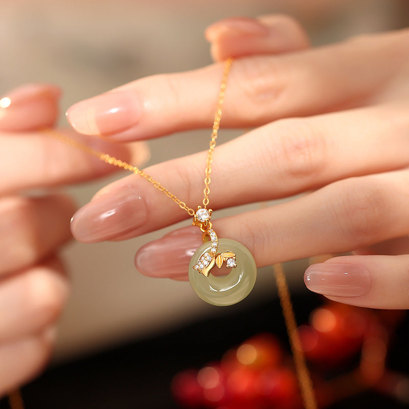 National Style Hetian Jade Princess Buckle S925 Sterling Silver Necklace Earrings Light Luxury Niche High-Grade Retro New Chinese Style Suit