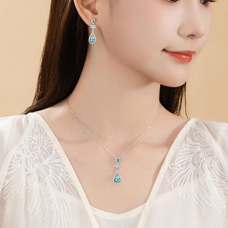 Gourd Sterling Silver 925 Necklace Women's New Chinese Style Natural Dangerous Material Blue Water Jade Clavicle Chain Ins Fu Lu Double Full Pendant