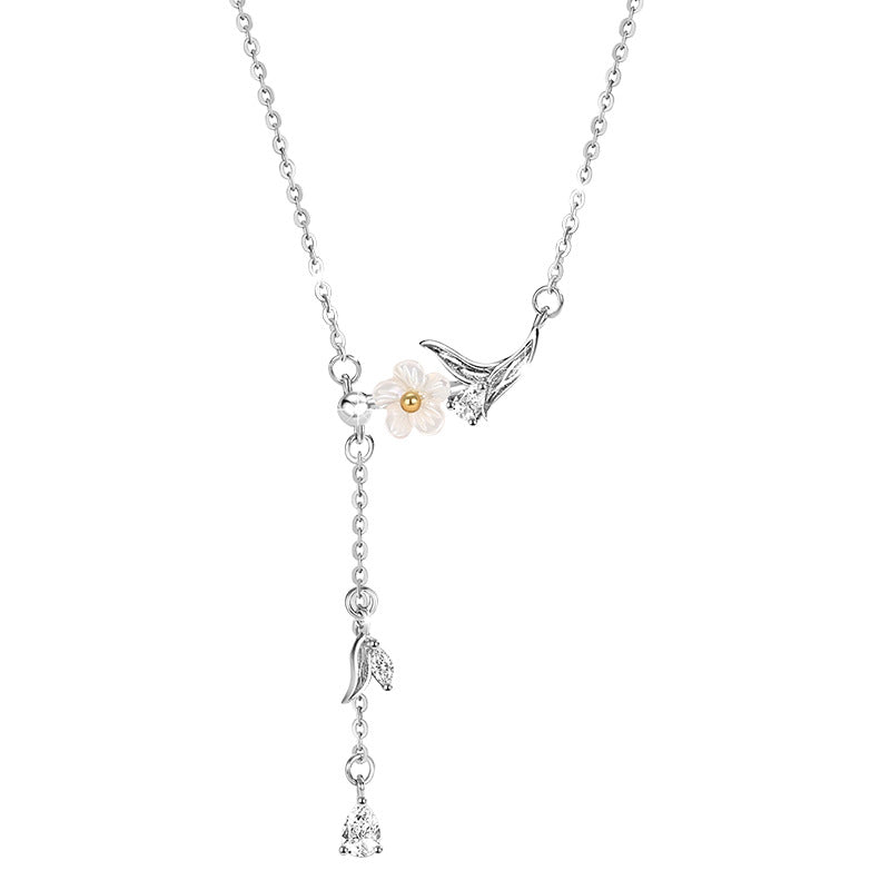 Cherry Blossom Sterling Silver 925 Necklace Women's Fashion Versatile Butterfly Zircon Clavicle Chain Ins Style Flower Tassel Necklace