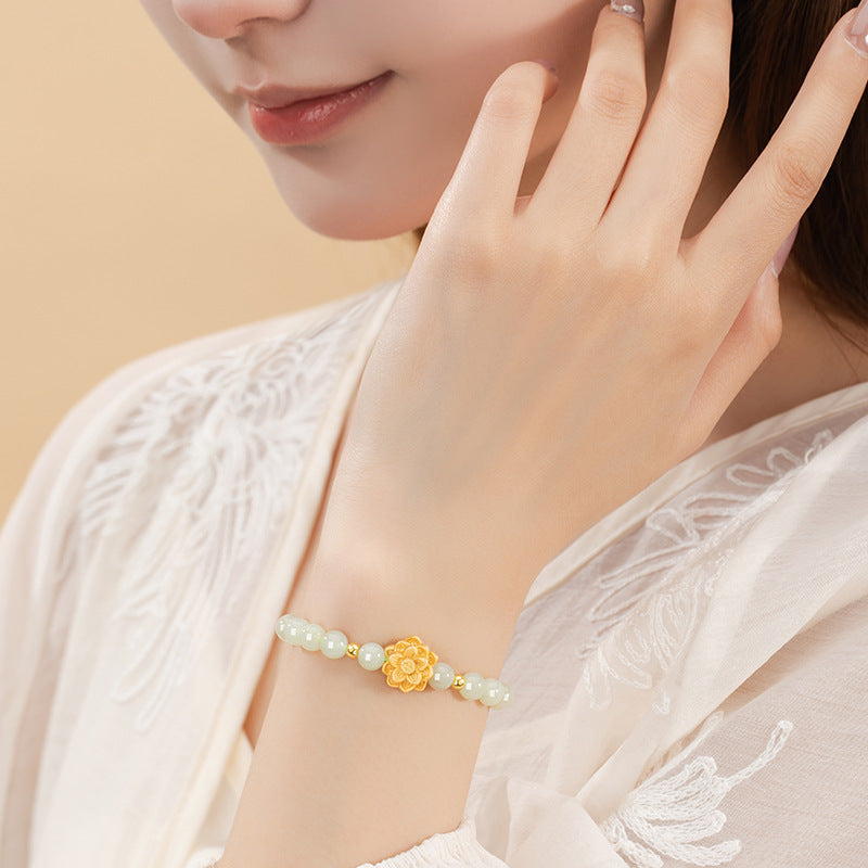 Lotus Sterling Silver 925 Bracelet New Chinese National Fashion Hetian Jade Flower Bracelet Mother's Day Gift Bracelet