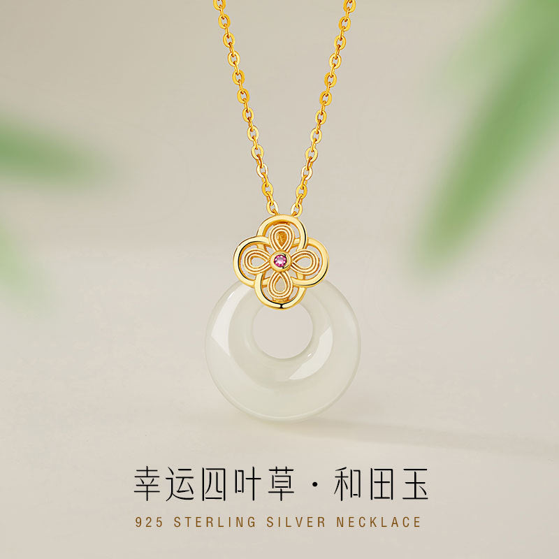 Lucky Clover Sterling Silver 925 Necklace Women's New Chinese National Fashion Hetian Jade Flower Clavicle Chain Safety Buckle Pendant