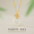 Lucky Clover Sterling Silver 925 Necklace Women's New Chinese National Fashion Hetian Jade Flower Clavicle Chain Safety Buckle Pendant