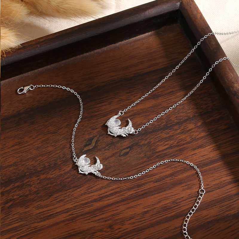 S925 Sterling Silver Rose Set Natural White Agate Star Moon Necklace Bracelet for Girlfriend Birthday Valentine's Day Gift for Women