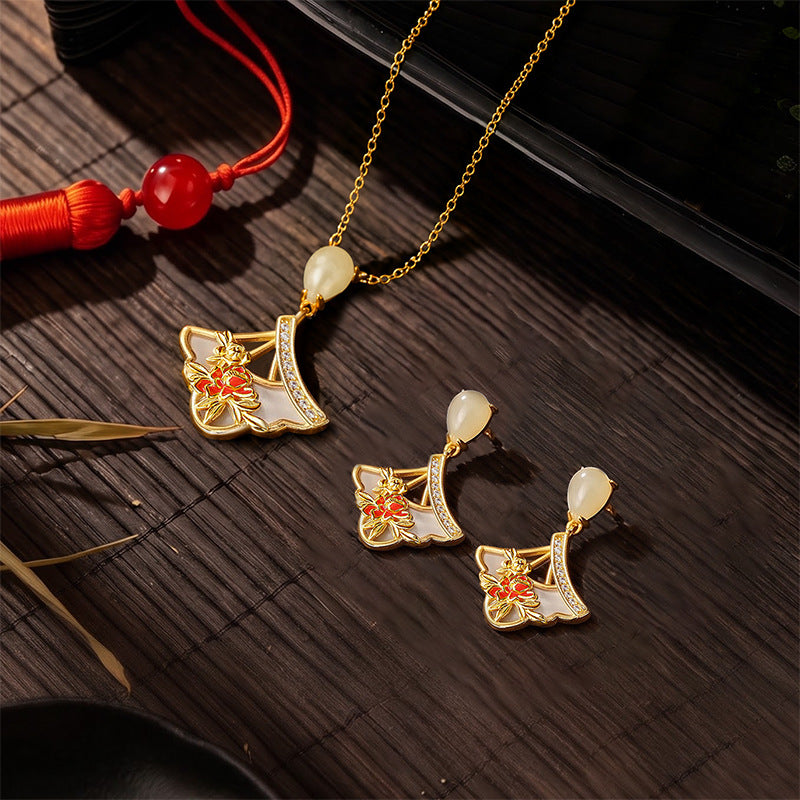 New Chinese Style Twelve Flower God Series S925 Sterling Silver Necklace Earrings Hetian Jade Fritillary Enamel Small Skirt Pendant